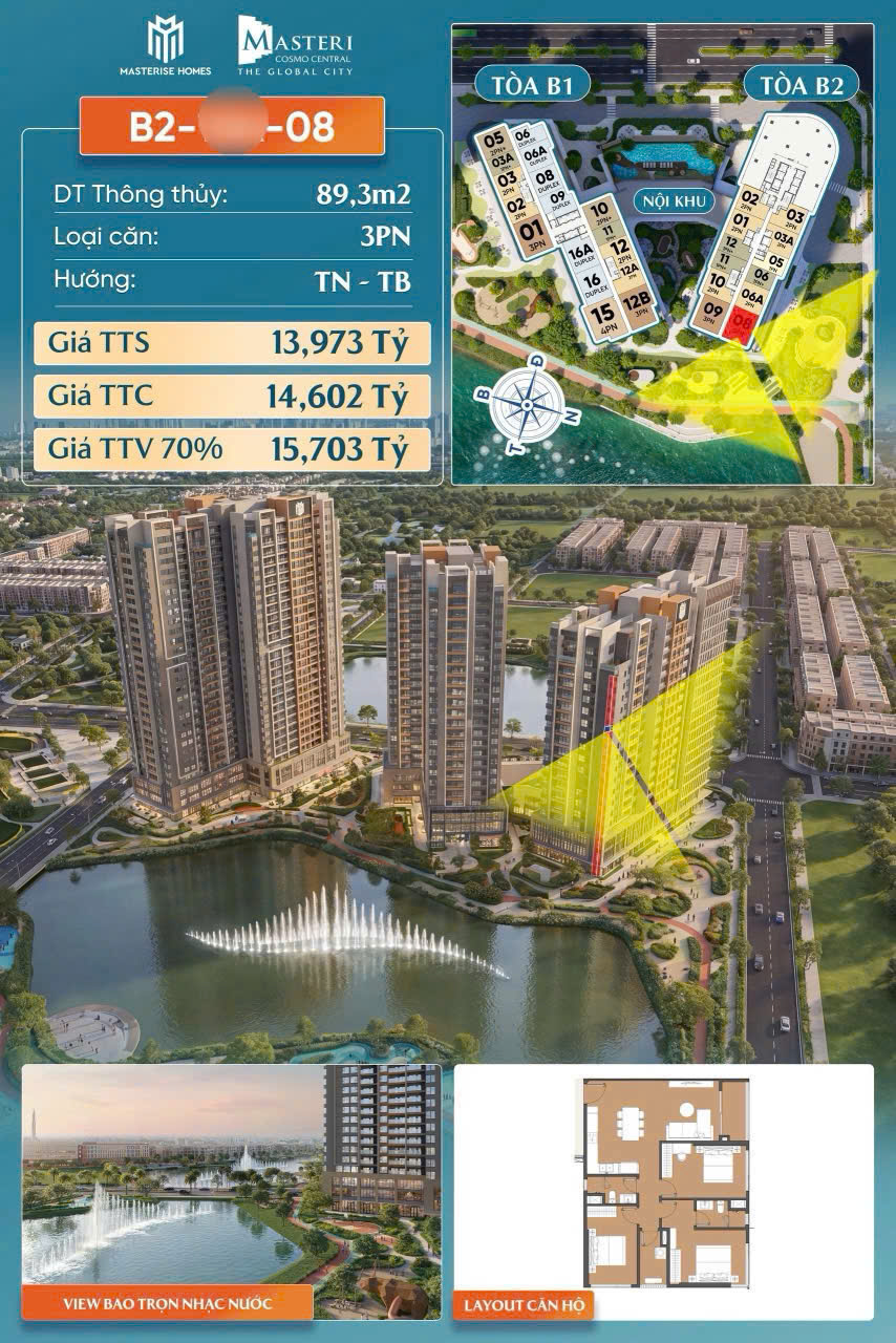 căn hộ 3 phòng ngủ view nhạc nước tháp B2 khu nexus global city
